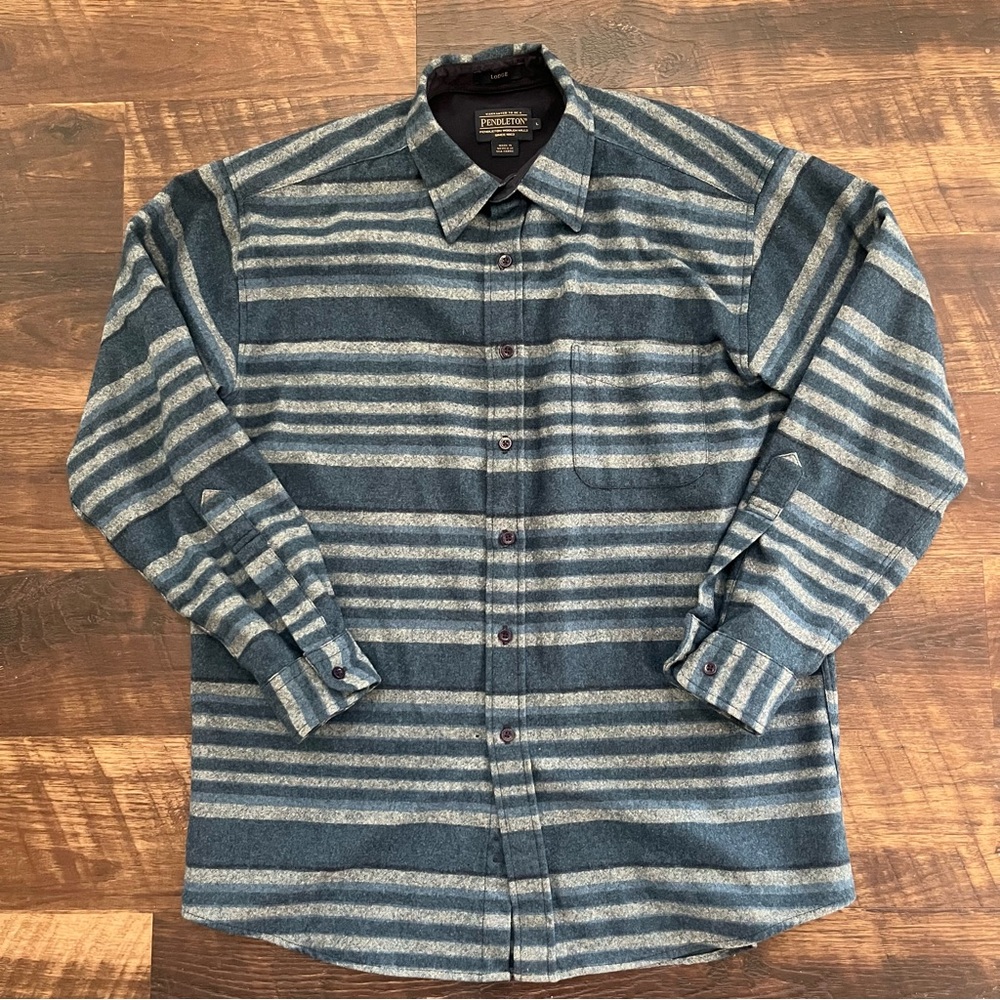 Pendleton lodge wool blue gray striped outdoor flannel button shirt large *FLAW